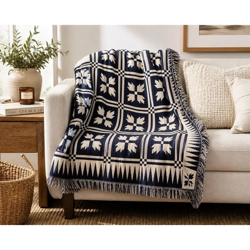 Woven Throw Blanket 72x50 Navy Cream Geometric Fringe Boho Farmhouse Decor